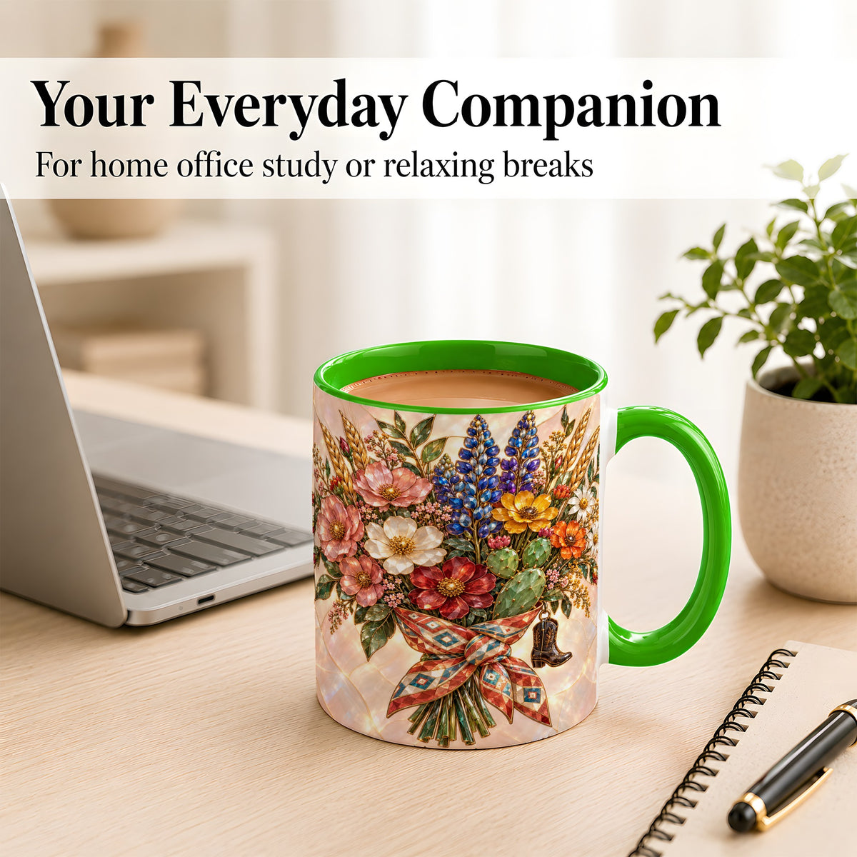 #pl[11oz|Green] Stained Glass Wildflower Coffee Mug, Western Floral Mug, Ceramic Cup