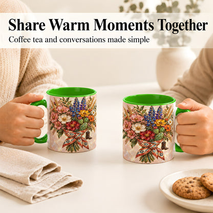 #pl[11oz|Green] Stained Glass Wildflower Coffee Mug, Western Floral Mug, Ceramic Cup