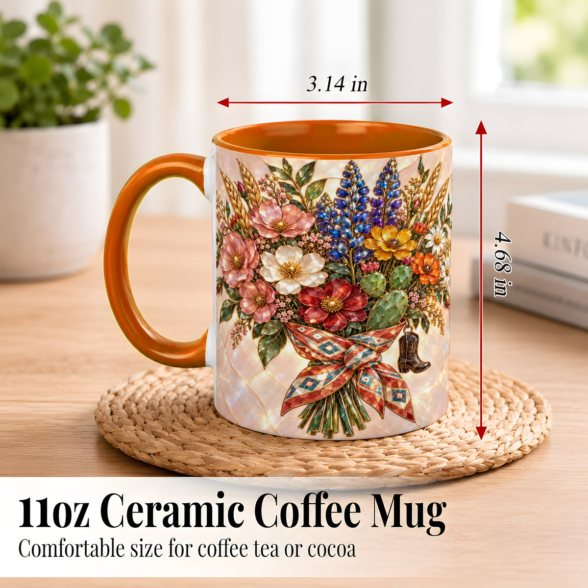 #pl[11oz|Orange] Stained Glass Wildflower Coffee Mug, Western Floral Mug, Ceramic Cup