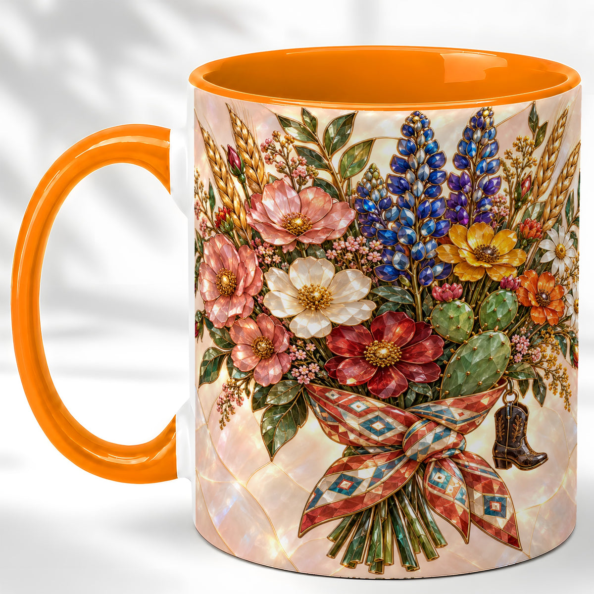 #pl[11oz|Orange] Stained Glass Wildflower Coffee Mug, Western Floral Mug, Ceramic Cup