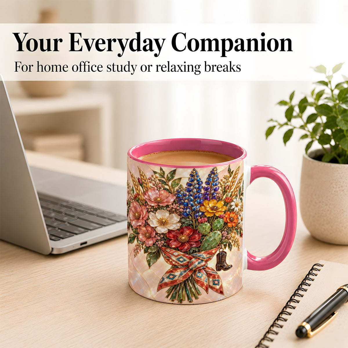 #pl[11oz|Pink] Stained Glass Wildflower Coffee Mug, Western Floral Mug, Ceramic Cup
