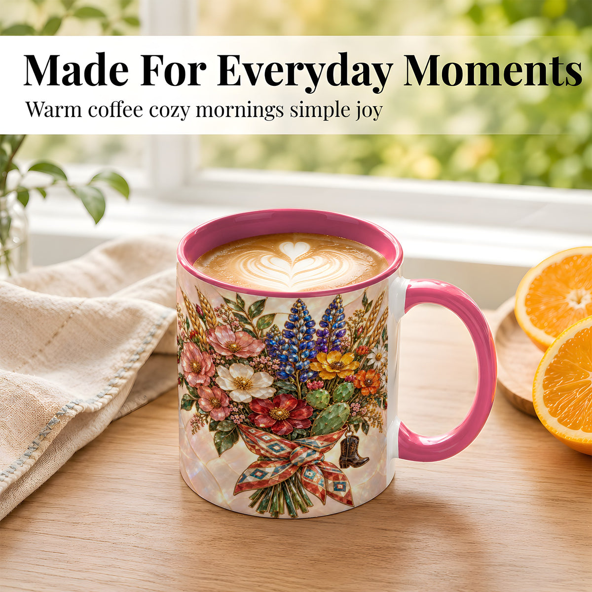 #pl[11oz|Pink] Stained Glass Wildflower Coffee Mug, Western Floral Mug, Ceramic Cup