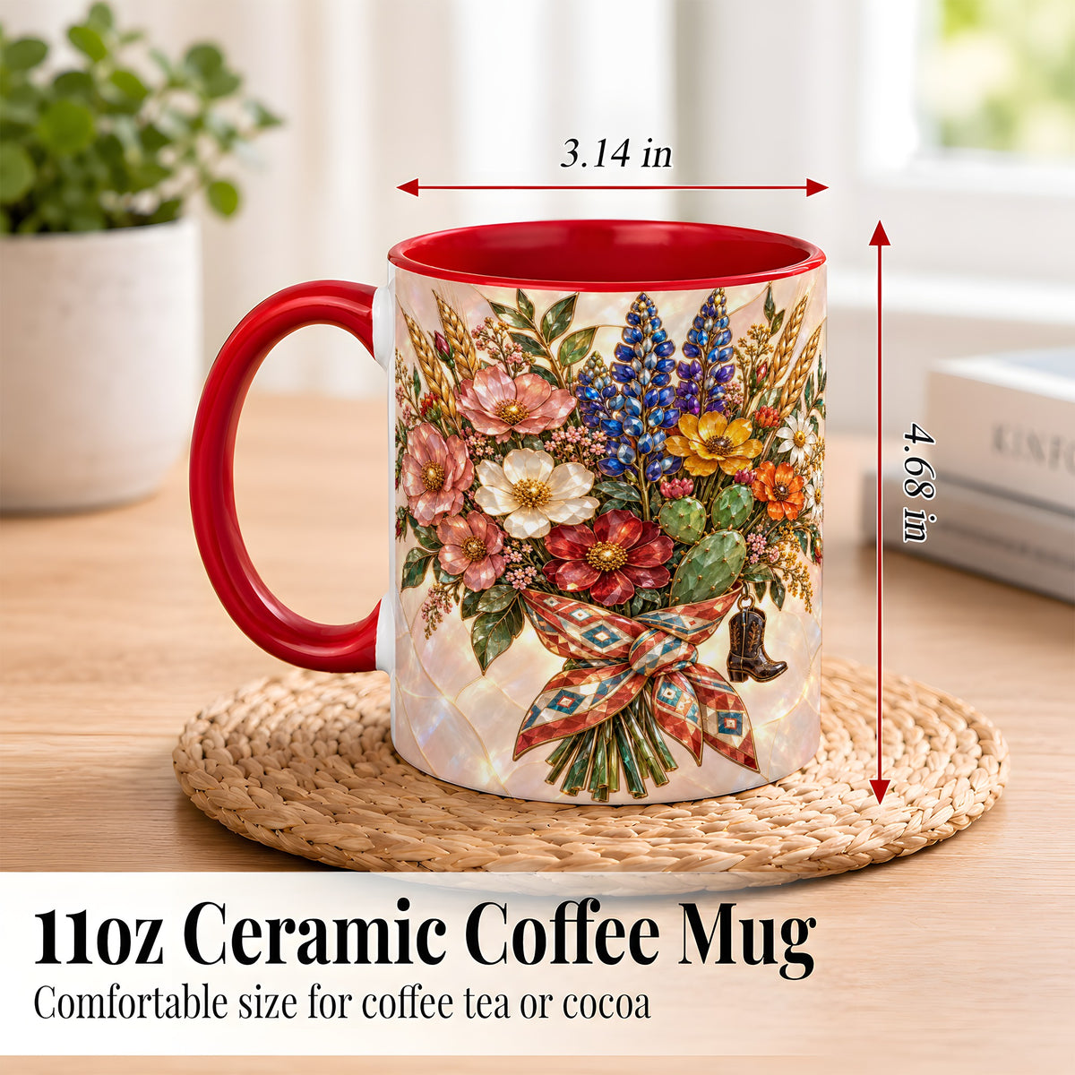 #pl[11oz|Red] Stained Glass Wildflower Coffee Mug, Western Floral Mug, Ceramic Cup