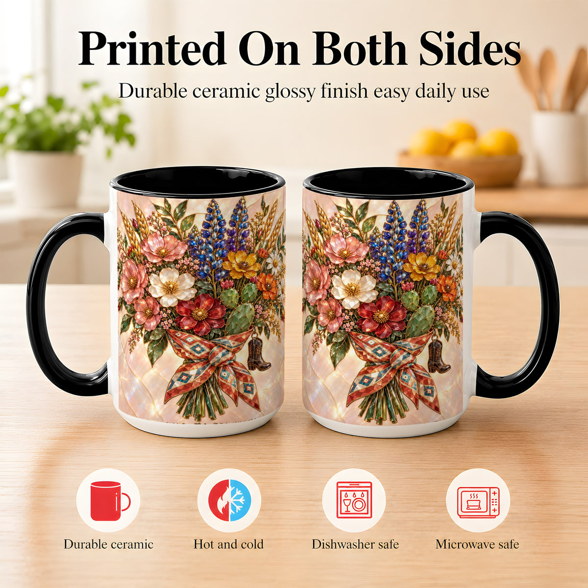 #pl[15oz|Black] Stained Glass Wildflower Coffee Mug, Western Floral Mug, Ceramic Cup