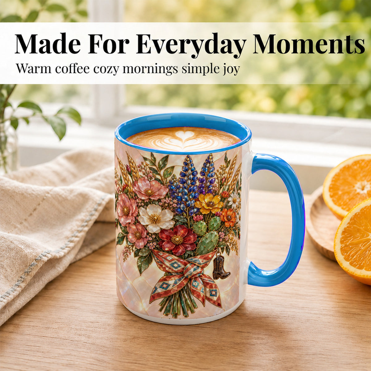 #pl[15oz|Blue] Stained Glass Wildflower Coffee Mug, Western Floral Mug, Ceramic Cup