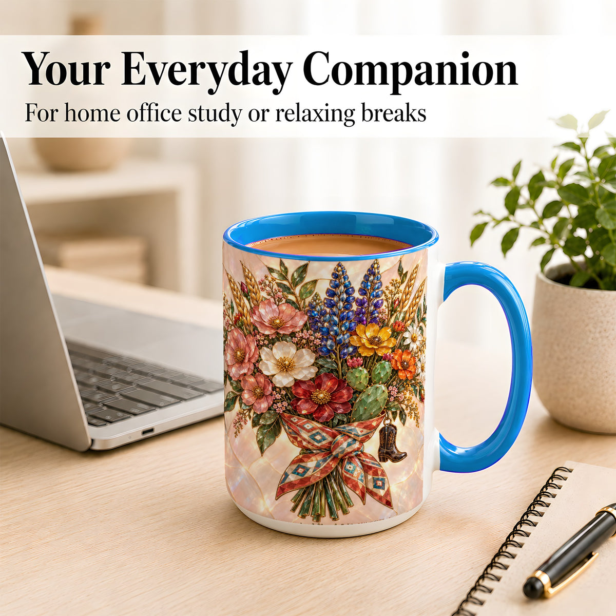 #pl[15oz|Blue] Stained Glass Wildflower Coffee Mug, Western Floral Mug, Ceramic Cup