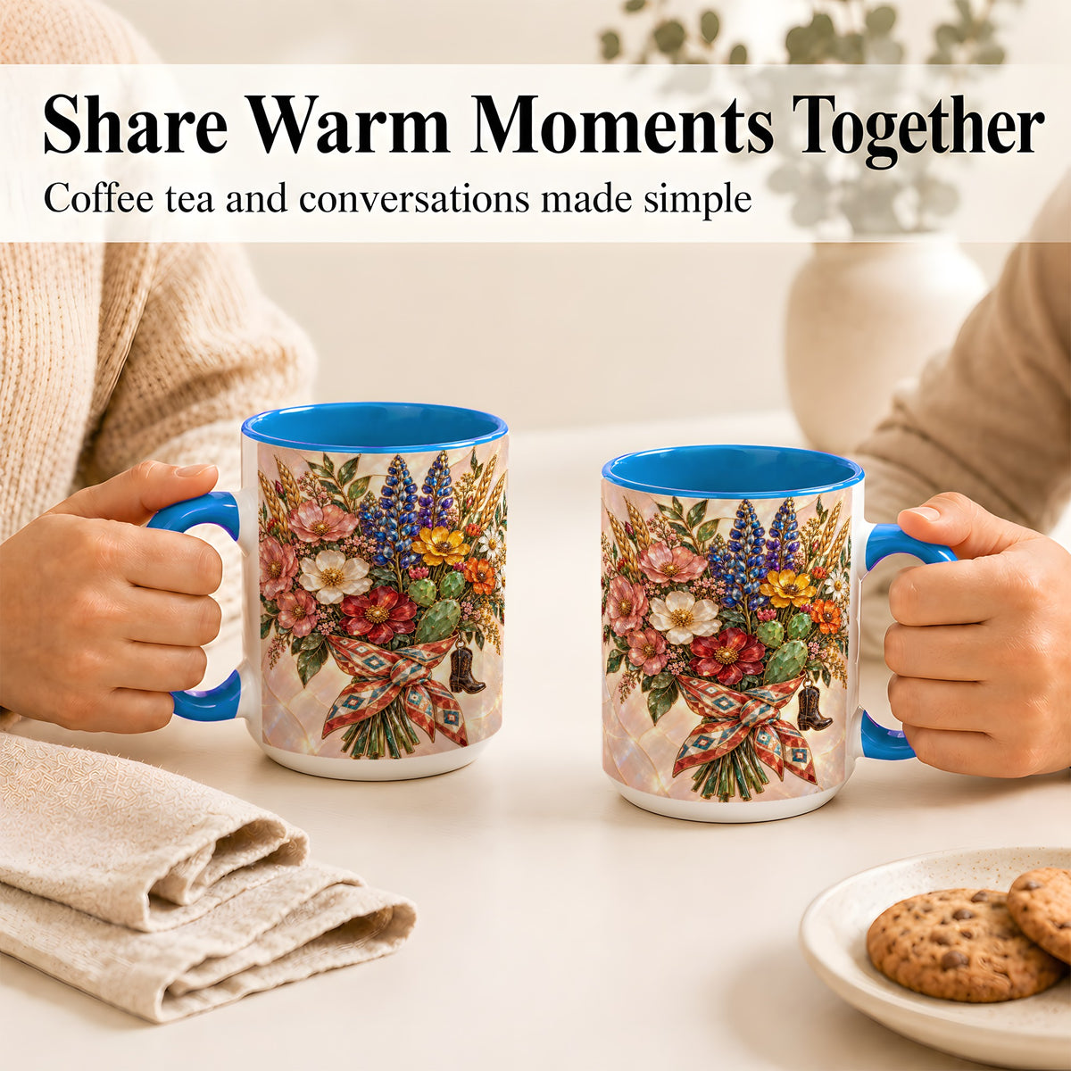 #pl[15oz|Blue] Stained Glass Wildflower Coffee Mug, Western Floral Mug, Ceramic Cup