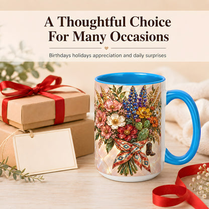 #pl[15oz|Blue] Stained Glass Wildflower Coffee Mug, Western Floral Mug, Ceramic Cup