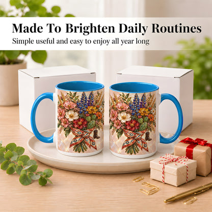 #pl[15oz|Blue] Stained Glass Wildflower Coffee Mug, Western Floral Mug, Ceramic Cup