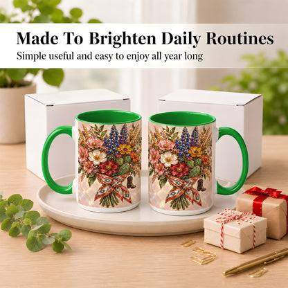 #pl[15oz|Green] Stained Glass Wildflower Coffee Mug, Western Floral Mug, Ceramic Cup