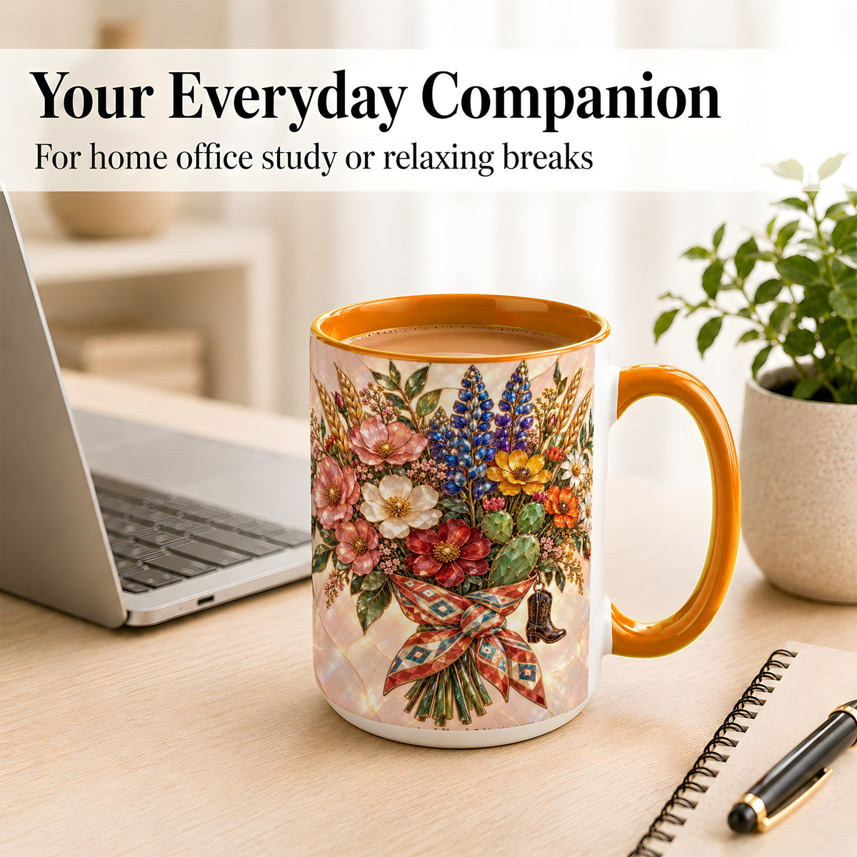 #pl[15oz|Orange] Stained Glass Wildflower Coffee Mug, Western Floral Mug, Ceramic Cup