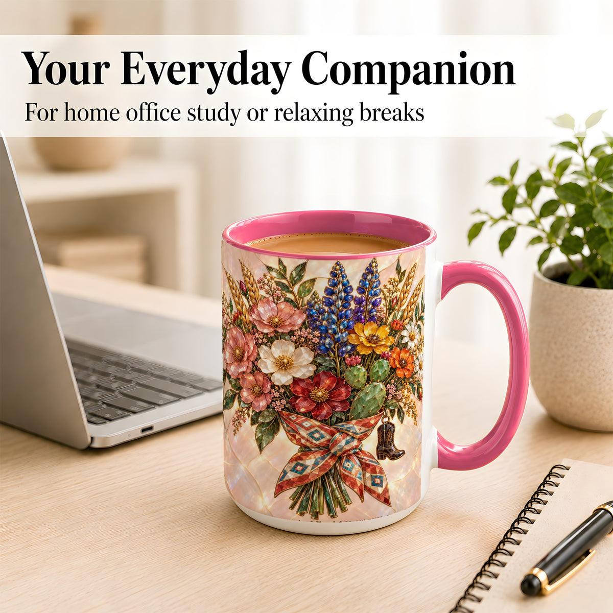 #pl[15oz|Pink] Stained Glass Wildflower Coffee Mug, Western Floral Mug, Ceramic Cup