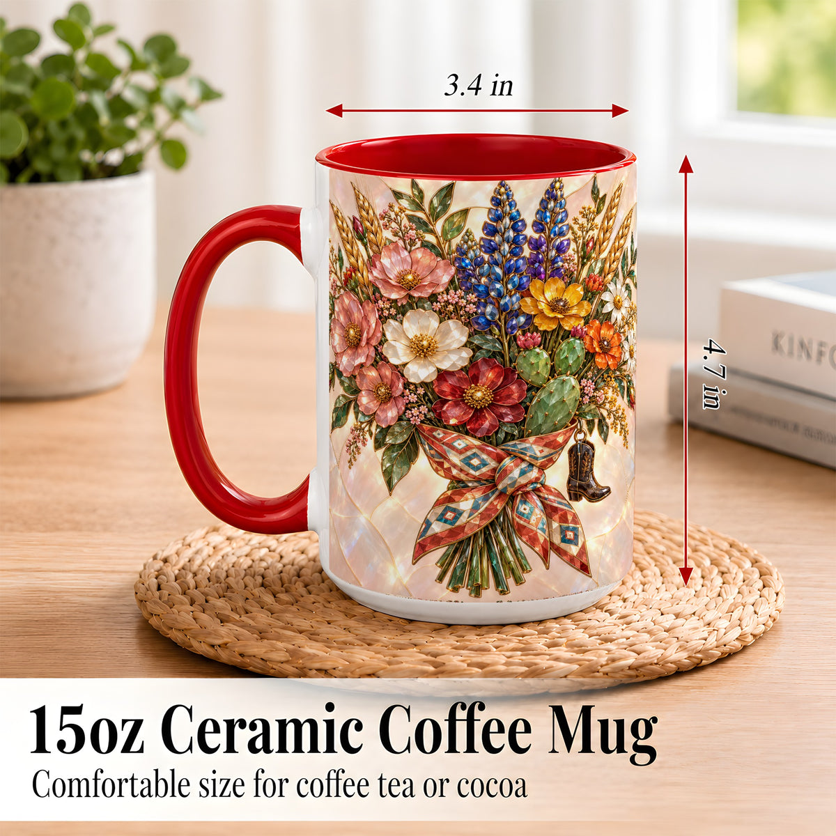 #pl[15oz|Red] Stained Glass Wildflower Coffee Mug, Western Floral Mug, Ceramic Cup