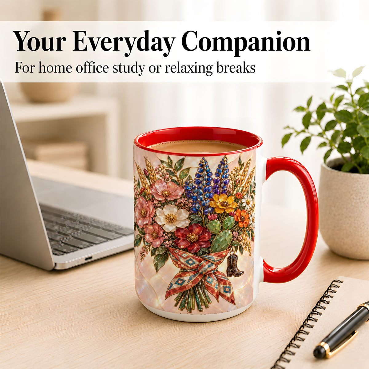 #pl[15oz|Red] Stained Glass Wildflower Coffee Mug, Western Floral Mug, Ceramic Cup