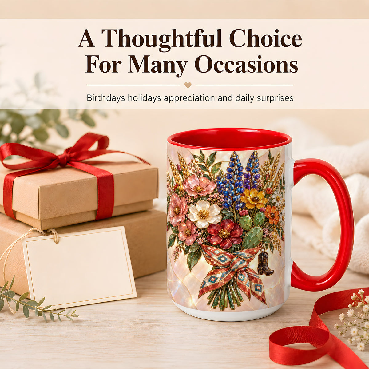 #pl[15oz|Red] Stained Glass Wildflower Coffee Mug, Western Floral Mug, Ceramic Cup