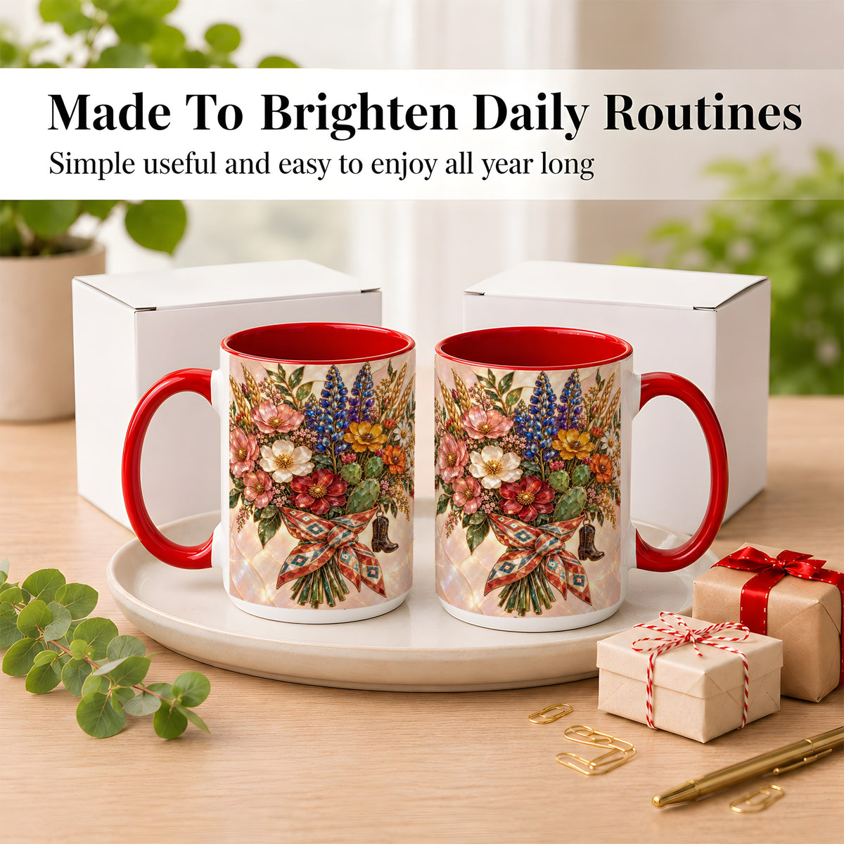 #pl[15oz|Red] Stained Glass Wildflower Coffee Mug, Western Floral Mug, Ceramic Cup