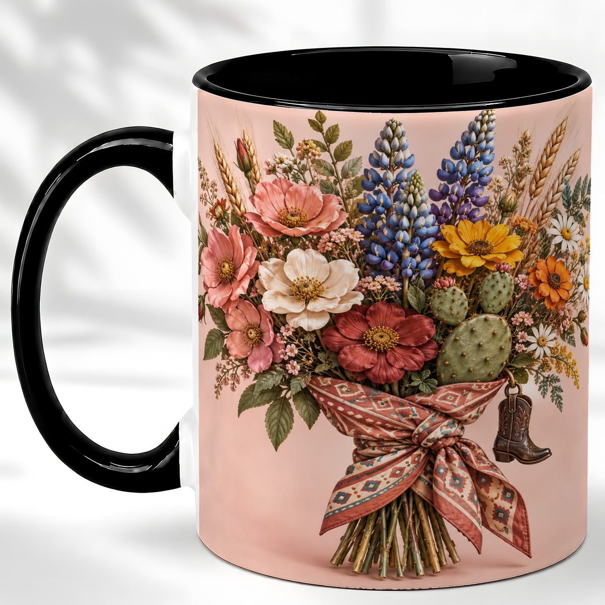#pl[11oz|Black] Western Bouquet Coffee Mug, Cowgirl Wildflower Mug, Ceramic Cup