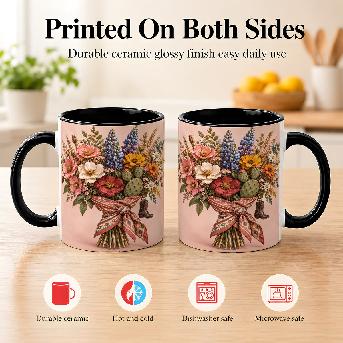 #pl[11oz|Black] Western Bouquet Coffee Mug, Cowgirl Wildflower Mug, Ceramic Cup