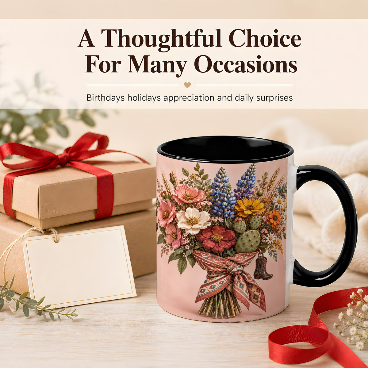 #pl[11oz|Black] Western Bouquet Coffee Mug, Cowgirl Wildflower Mug, Ceramic Cup
