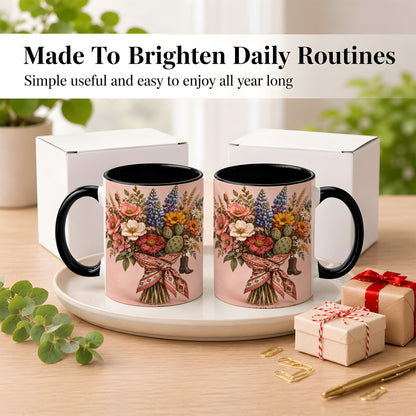 #pl[11oz|Black] Western Bouquet Coffee Mug, Cowgirl Wildflower Mug, Ceramic Cup