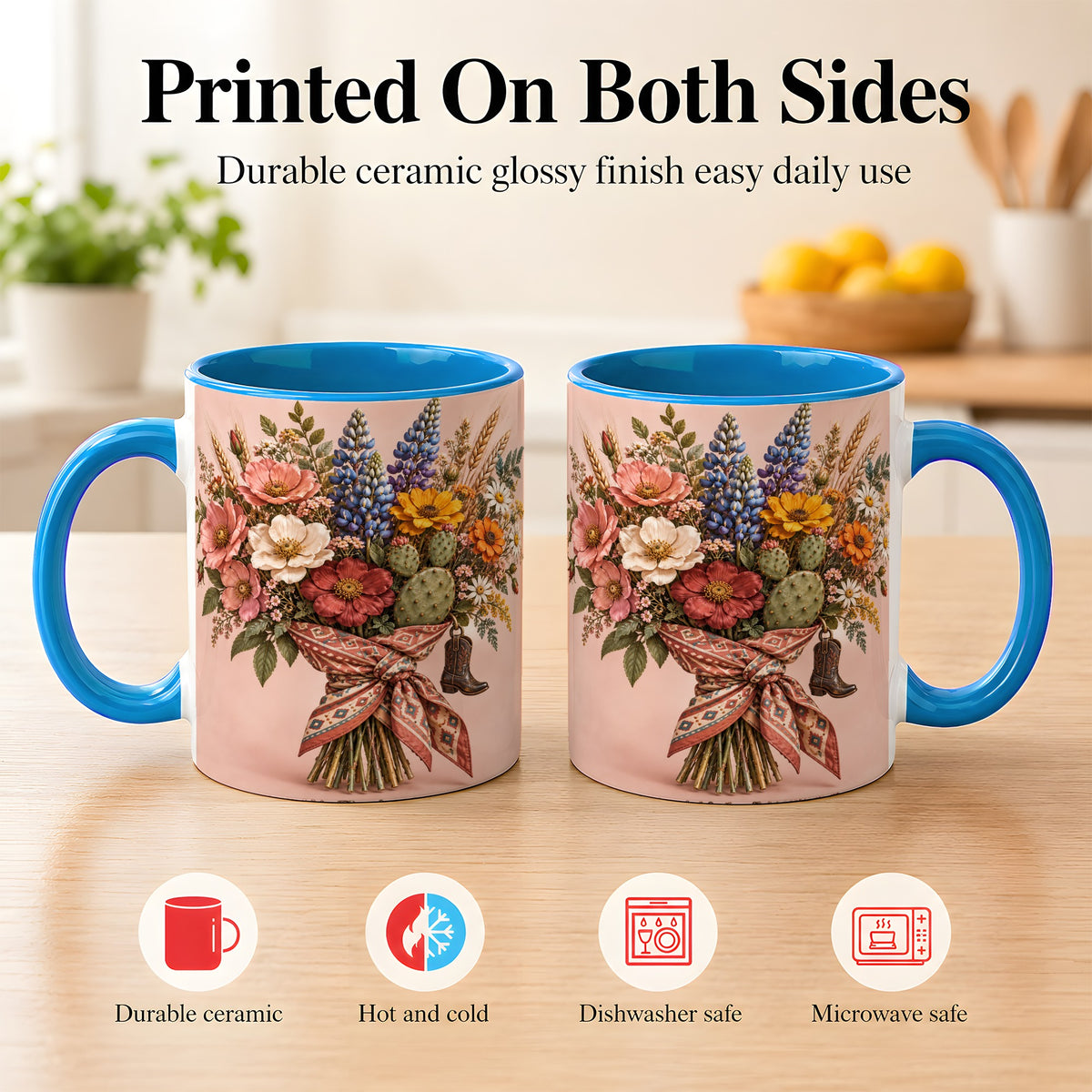#pl[11oz|Blue] Western Bouquet Coffee Mug, Cowgirl Wildflower Mug, Ceramic Cup