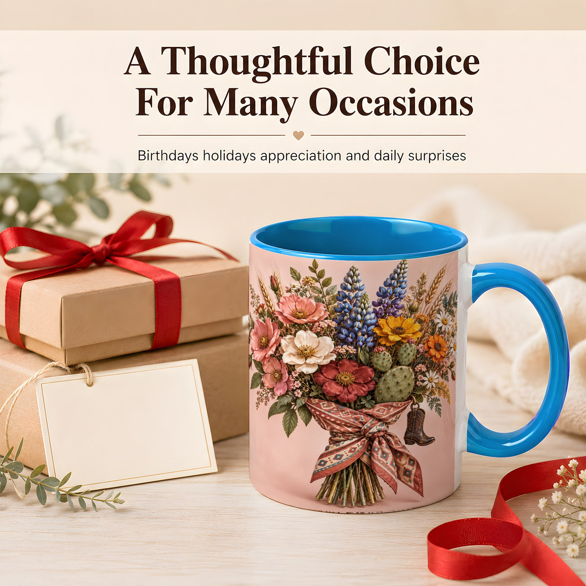 #pl[11oz|Blue] Western Bouquet Coffee Mug, Cowgirl Wildflower Mug, Ceramic Cup