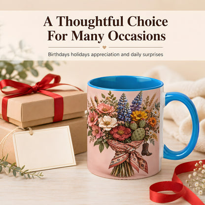#pl[11oz|Blue] Western Bouquet Coffee Mug, Cowgirl Wildflower Mug, Ceramic Cup