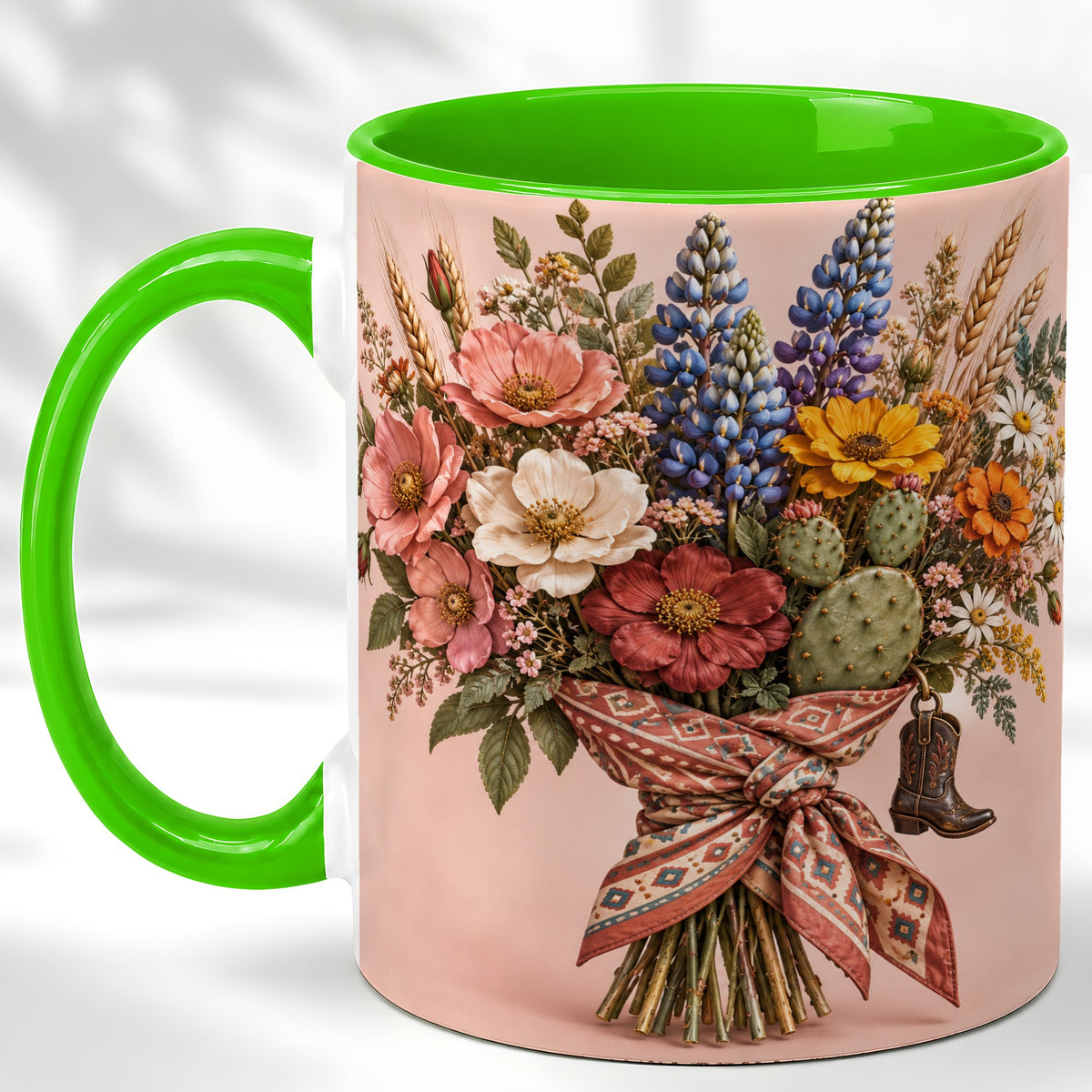 #pl[11oz|Green] Western Bouquet Coffee Mug, Cowgirl Wildflower Mug, Ceramic Cup
