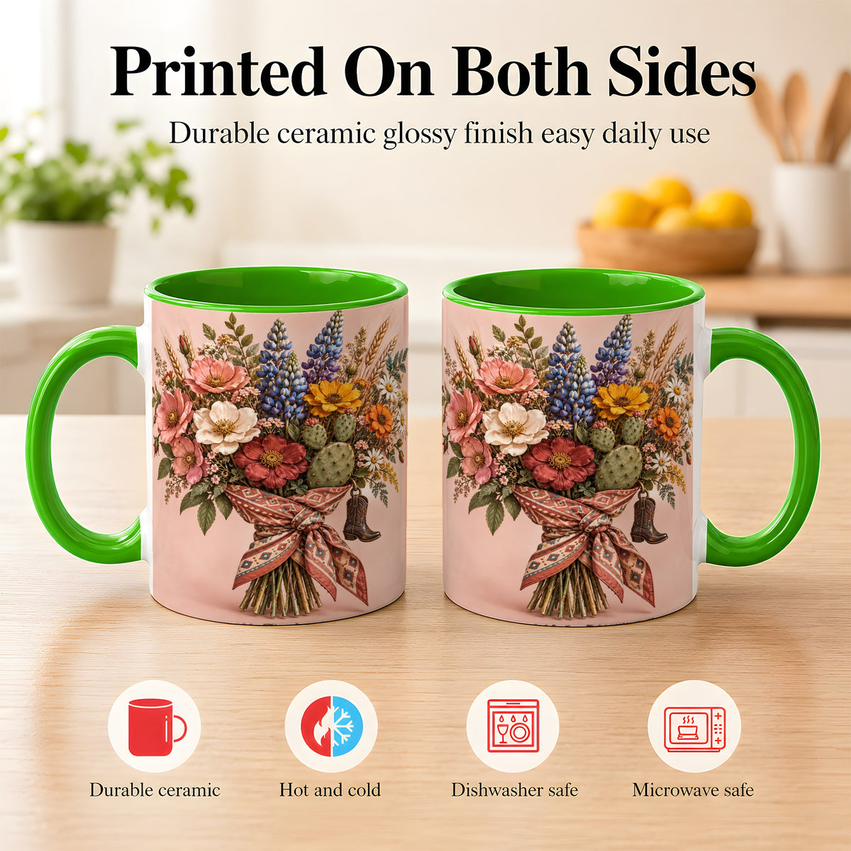 #pl[11oz|Green] Western Bouquet Coffee Mug, Cowgirl Wildflower Mug, Ceramic Cup