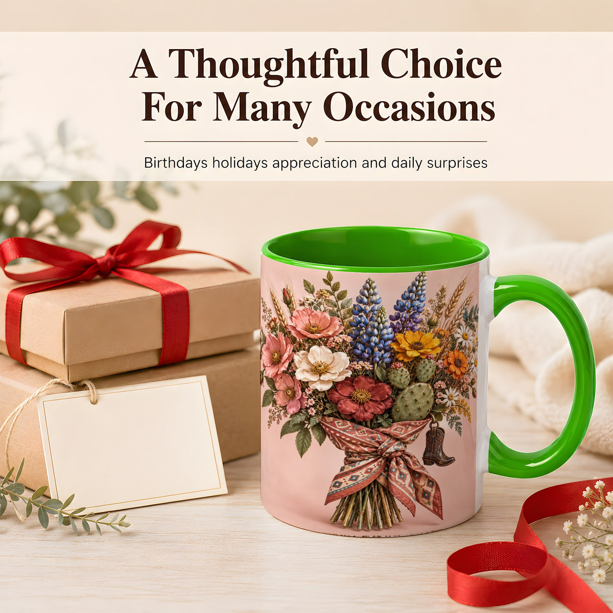 #pl[11oz|Green] Western Bouquet Coffee Mug, Cowgirl Wildflower Mug, Ceramic Cup