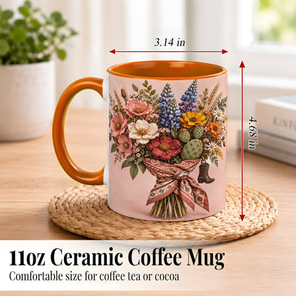 #pl[11oz|Orange] Western Bouquet Coffee Mug, Cowgirl Wildflower Mug, Ceramic Cup