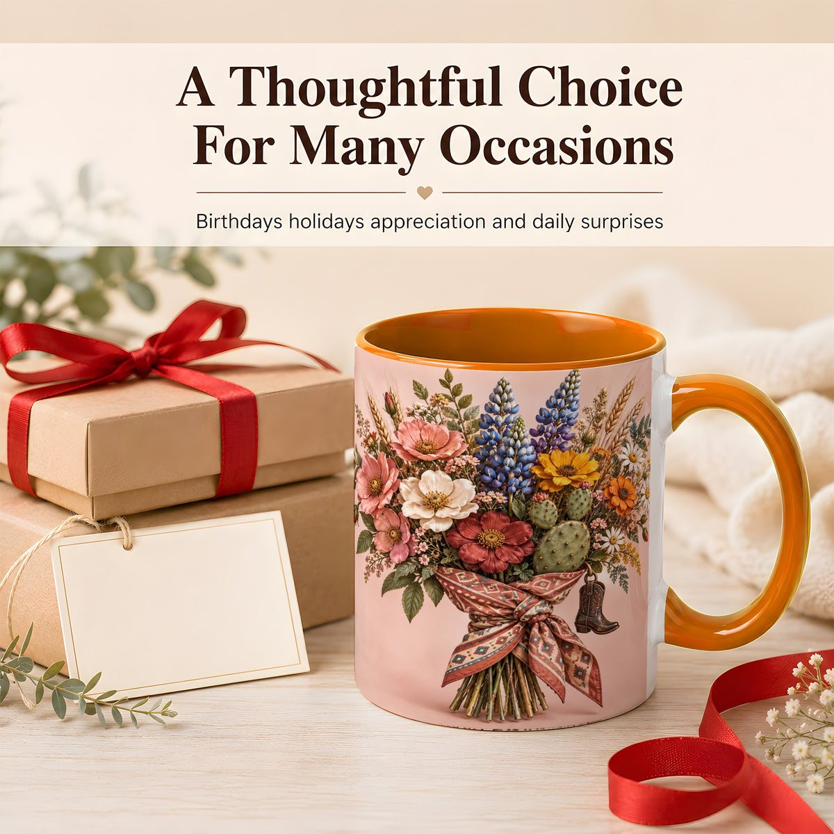 #pl[11oz|Orange] Western Bouquet Coffee Mug, Cowgirl Wildflower Mug, Ceramic Cup