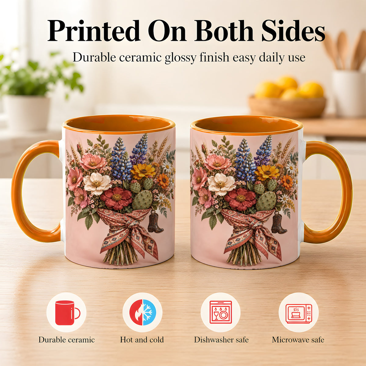 #pl[11oz|Orange] Western Bouquet Coffee Mug, Cowgirl Wildflower Mug, Ceramic Cup