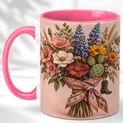 #pl[11oz|Pink] Western Bouquet Coffee Mug, Cowgirl Wildflower Mug, Ceramic Cup