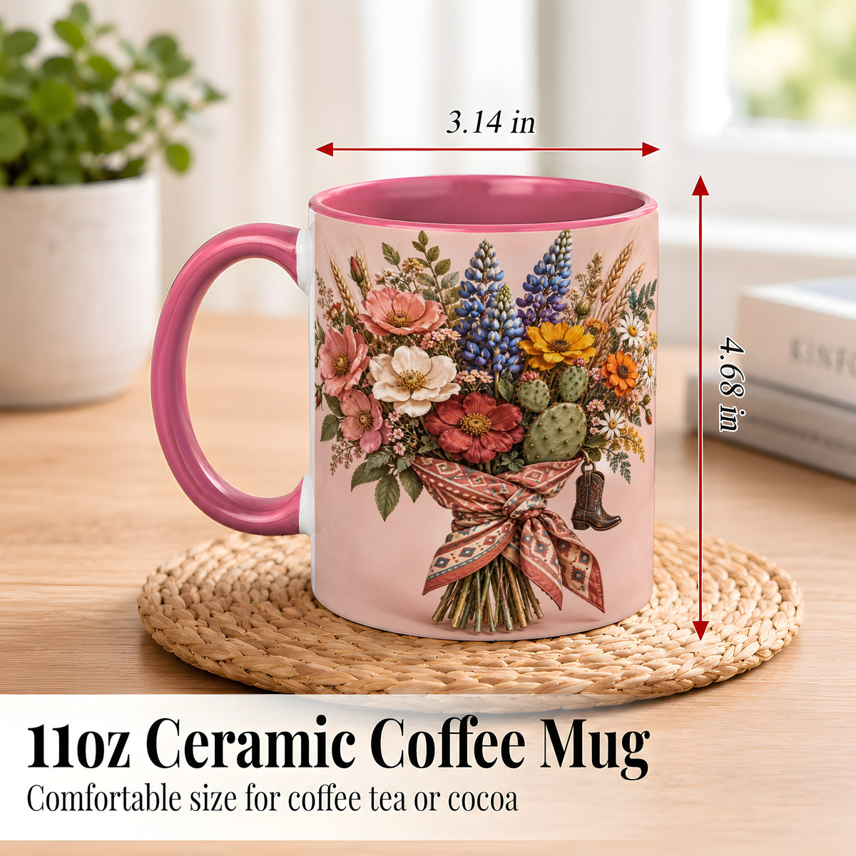 #pl[11oz|Pink] Western Bouquet Coffee Mug, Cowgirl Wildflower Mug, Ceramic Cup