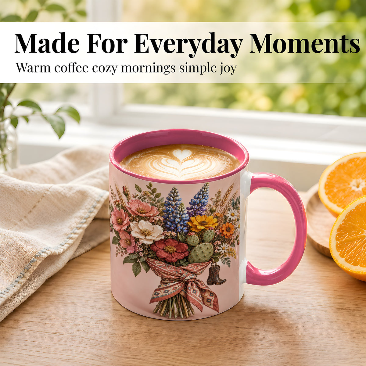 #pl[11oz|Pink] Western Bouquet Coffee Mug, Cowgirl Wildflower Mug, Ceramic Cup