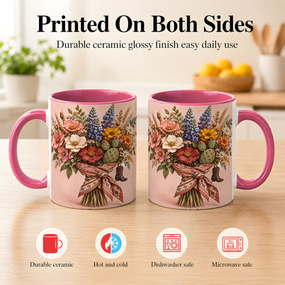 #pl[11oz|Pink] Western Bouquet Coffee Mug, Cowgirl Wildflower Mug, Ceramic Cup