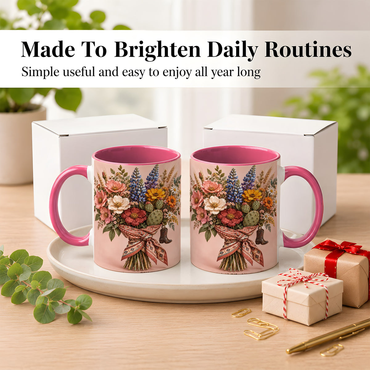 #pl[11oz|Pink] Western Bouquet Coffee Mug, Cowgirl Wildflower Mug, Ceramic Cup
