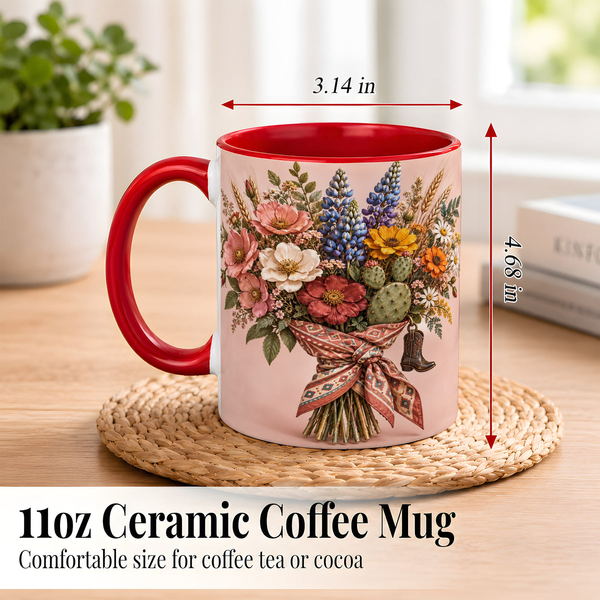 #pl[11oz|Red] Western Bouquet Coffee Mug, Cowgirl Wildflower Mug, Ceramic Cup