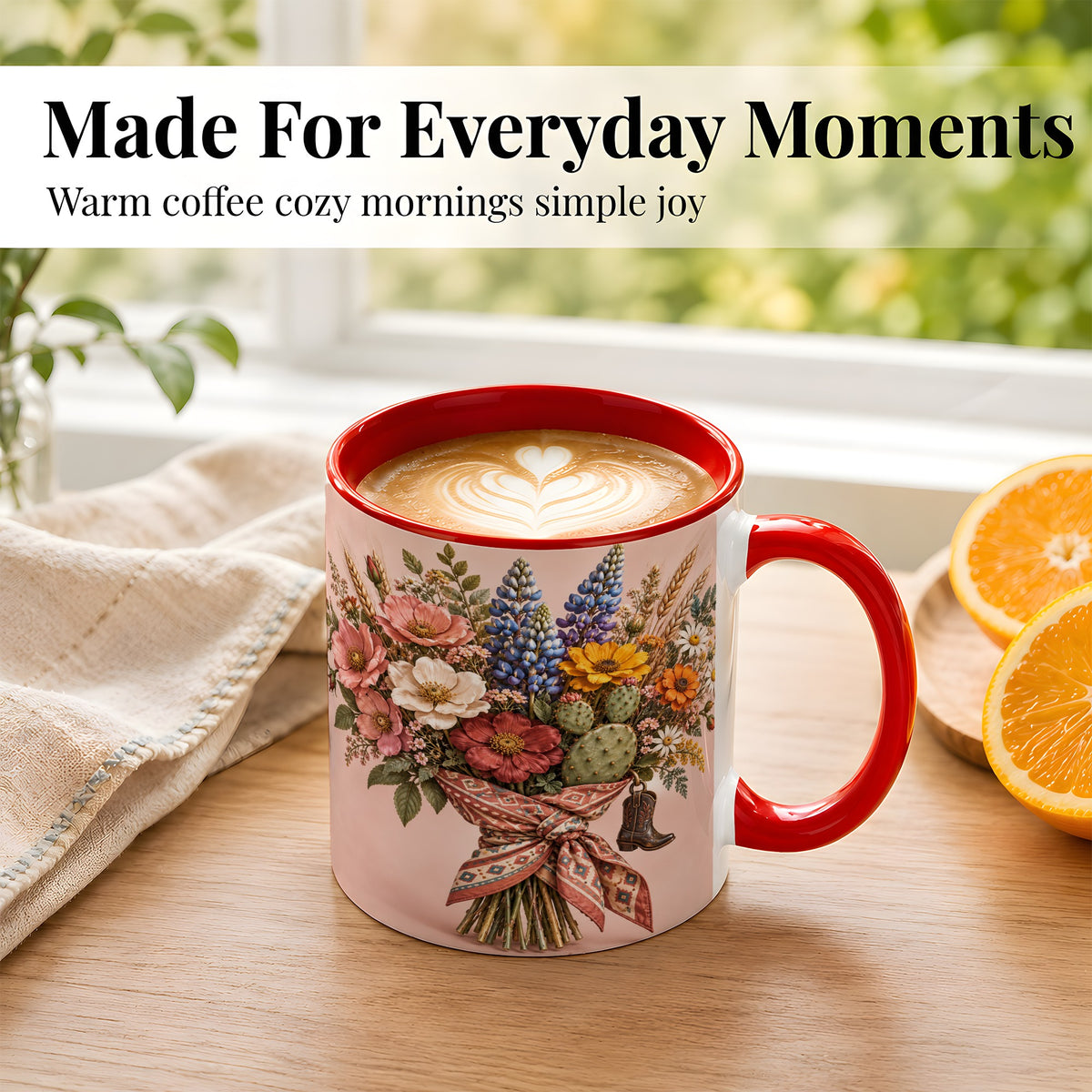 #pl[11oz|Red] Western Bouquet Coffee Mug, Cowgirl Wildflower Mug, Ceramic Cup