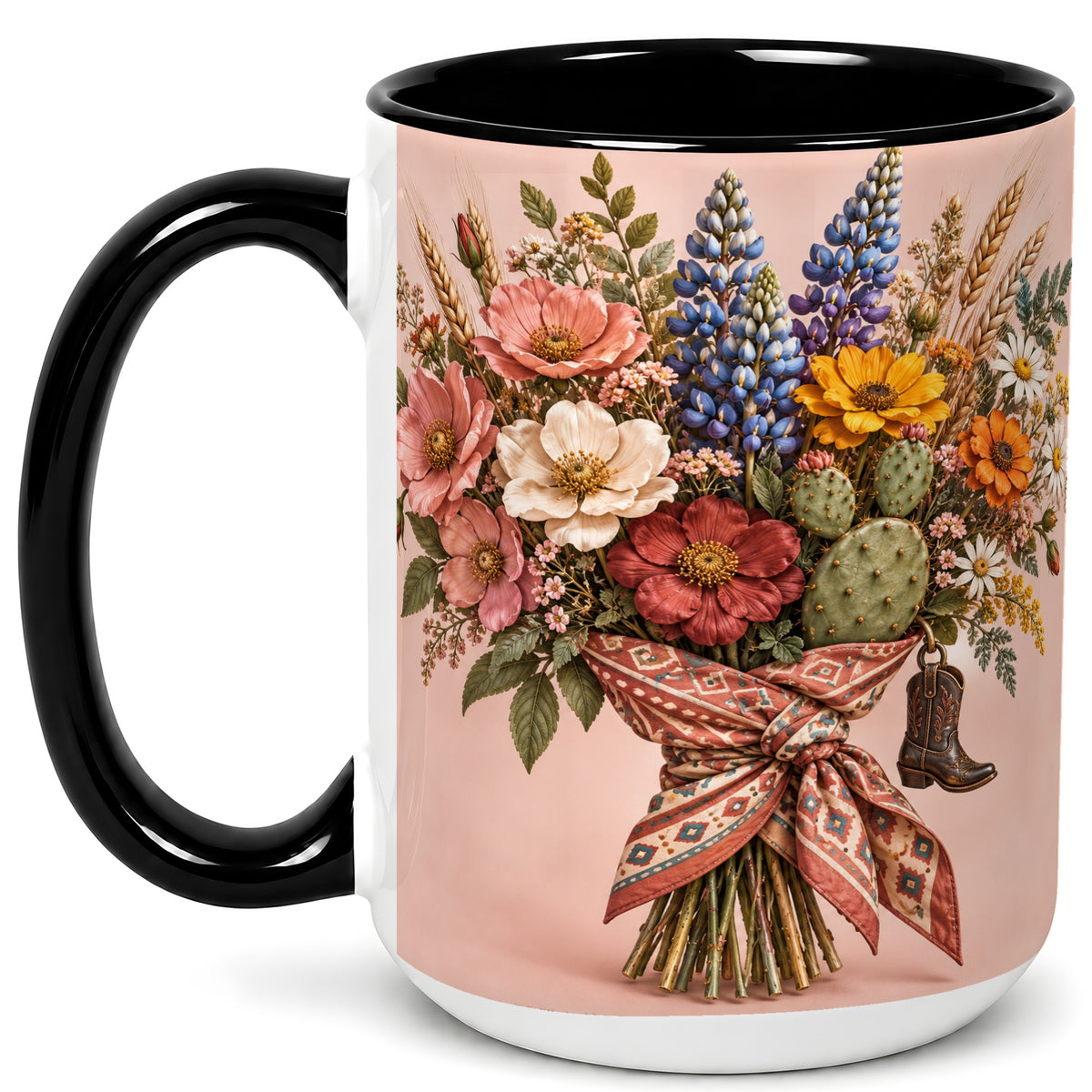 #pl[15oz|Black] Western Bouquet Coffee Mug, Cowgirl Wildflower Mug, Ceramic Cup