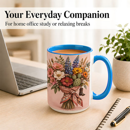 #pl[15oz|Blue] Western Bouquet Coffee Mug, Cowgirl Wildflower Mug, Ceramic Cup
