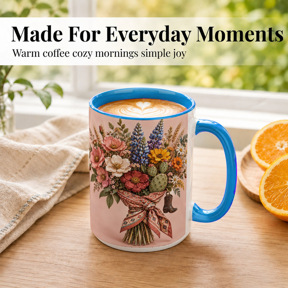 #pl[15oz|Blue] Western Bouquet Coffee Mug, Cowgirl Wildflower Mug, Ceramic Cup