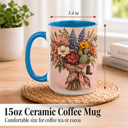 #pl[15oz|Blue] Western Bouquet Coffee Mug, Cowgirl Wildflower Mug, Ceramic Cup
