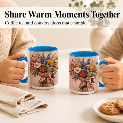 #pl[15oz|Blue] Western Bouquet Coffee Mug, Cowgirl Wildflower Mug, Ceramic Cup
