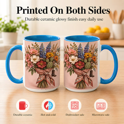 #pl[15oz|Blue] Western Bouquet Coffee Mug, Cowgirl Wildflower Mug, Ceramic Cup