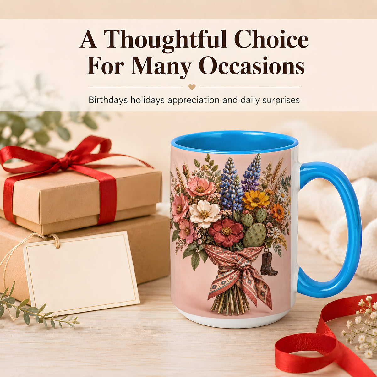 #pl[15oz|Blue] Western Bouquet Coffee Mug, Cowgirl Wildflower Mug, Ceramic Cup