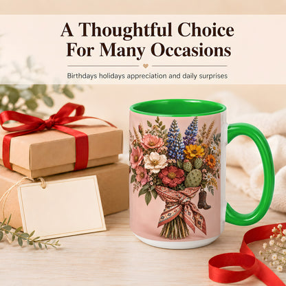 #pl[15oz|Green] Western Bouquet Coffee Mug, Cowgirl Wildflower Mug, Ceramic Cup