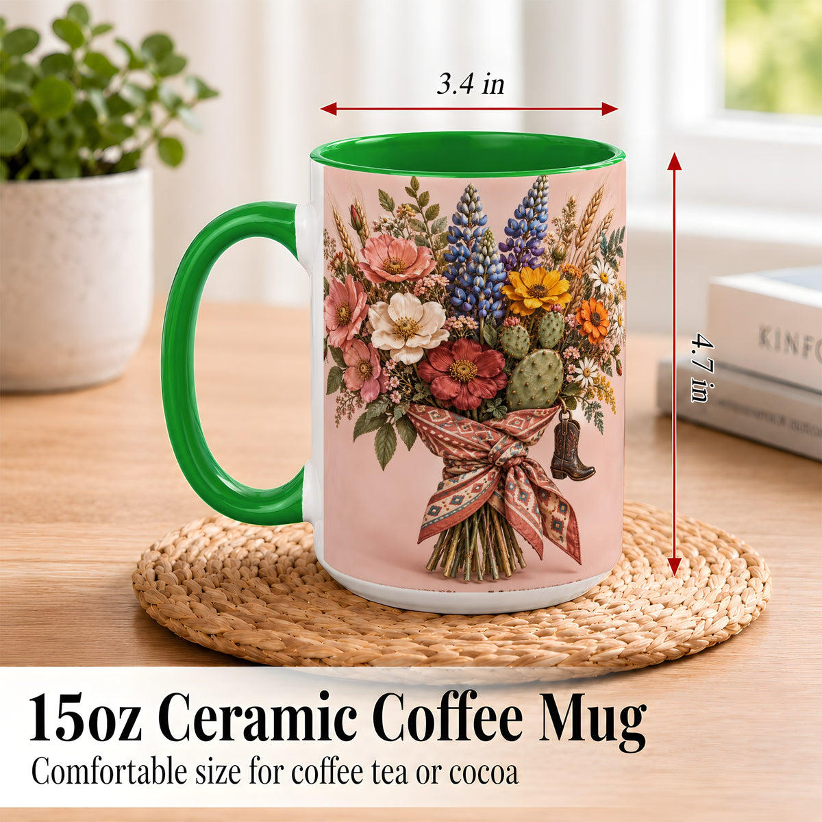 #pl[15oz|Green] Western Bouquet Coffee Mug, Cowgirl Wildflower Mug, Ceramic Cup