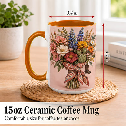 #pl[15oz|Orange] Western Bouquet Coffee Mug, Cowgirl Wildflower Mug, Ceramic Cup
